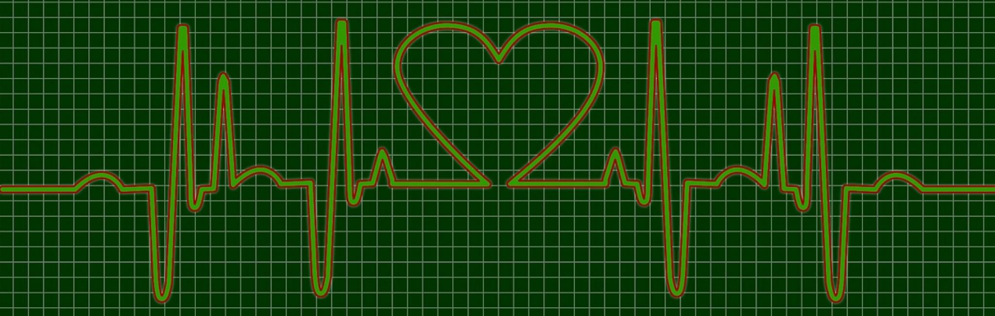 Green heartbeat line on a grid, one beat looping into a heart shape, the heart-brain link that eases stress