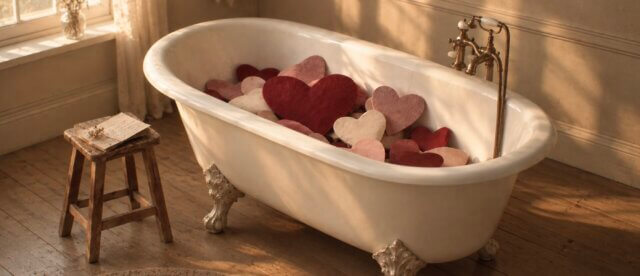 A bathtub filled with hearts and a handwritten gratitude letter, symbolizing a bath of love for the people you appreciate.