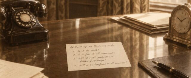 A handwritten card on a vintage wooden desk lists four questions: Is it the truth? Is it fair to all concerned? Will it build goodwill and better friendships? Will it be beneficial to all concerned?