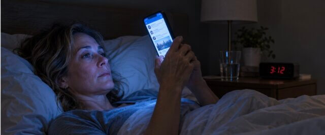 Woman lying awake in bed at 3 a.m., scrolling LinkedIn at night on her glowing phone