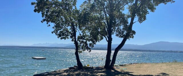 A calm, sunlit lake and mountain view from a shady spot in France—a peaceful summer scene at the end of the holiday season