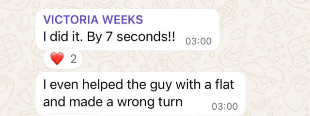 Text message from Victoria Weeks reading "I did it. By 7 seconds!!" and "I even helped the guy with a flat and made a wrong turn," after finishing the Leadville 100 mountain bike race.